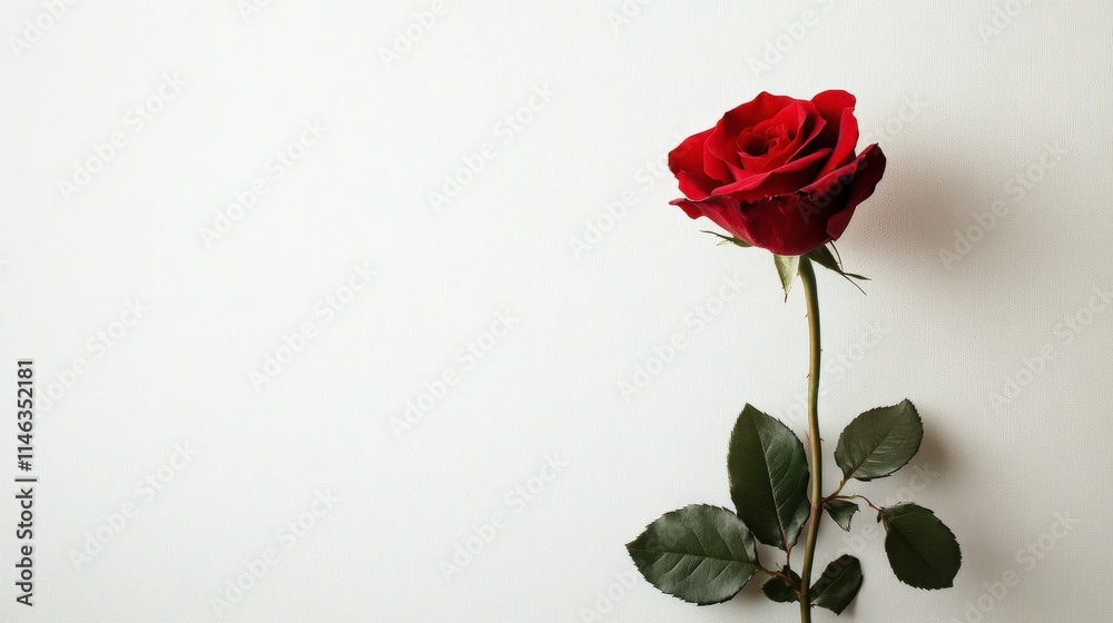Elegant Red Rose with Leafy Stem Against a Light Background, Perfect for Celebrating Love, Romance, and Nature's Beauty in Various Design Projects and Creative Presentations Elegant Red Rose with Leafy Stem Against a Light Background, Perfect for Celebrating Love, Romance, and Nature's Beauty in Various Design Projects and Creative Presentations