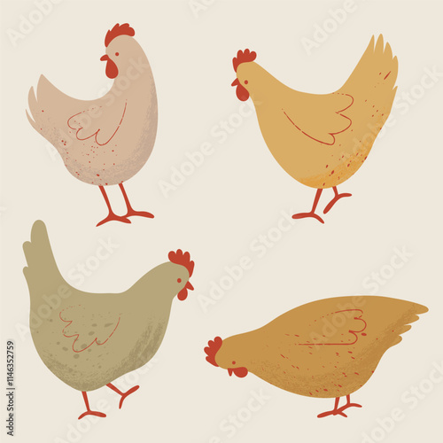 Set of Cute Chickens Illustration. Hand Drawn Farm Animals. 
