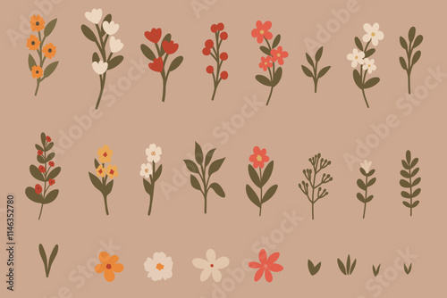 Set of Colorful Wildflowers Elements. Flower and Leaves Illustration. Botanical Design.