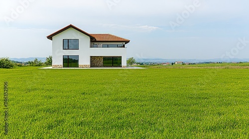 Modern white house in green field.