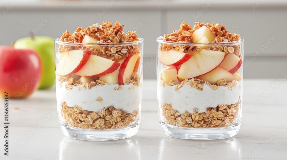Two glasses of yogurt parfait with granola and sliced apples.