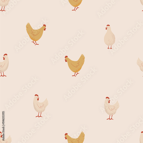 Cute Chickens Seamless Pattern on a Light Background. Farm Animals Pattern. Hand Drawn Vector Illustration.