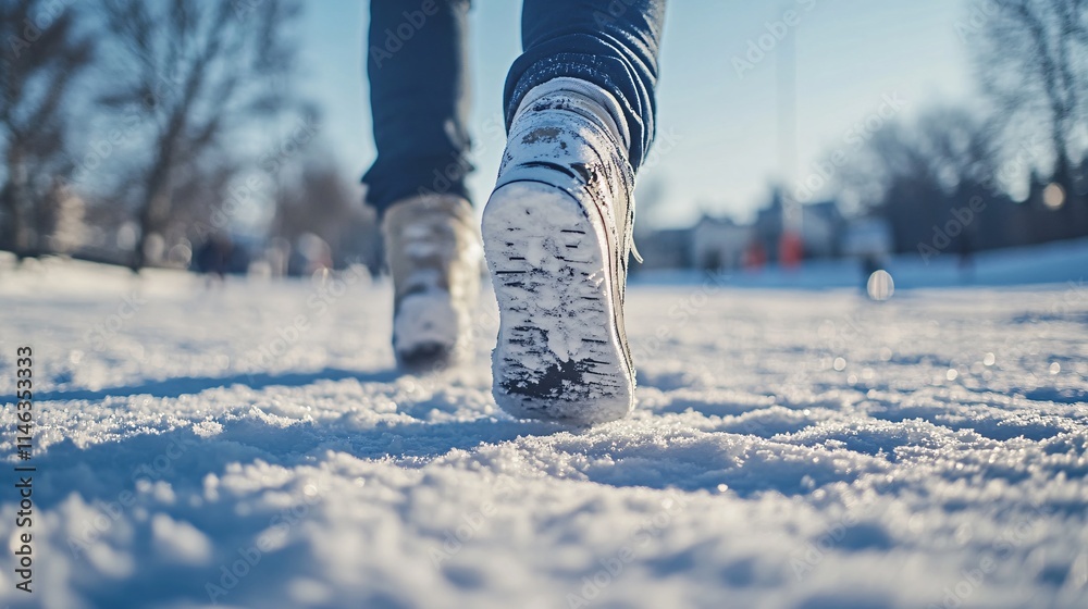 Woman walking on snow in winter park: enjoying a sunny day Woman walking on snow in winter park: enjoying a sunny day