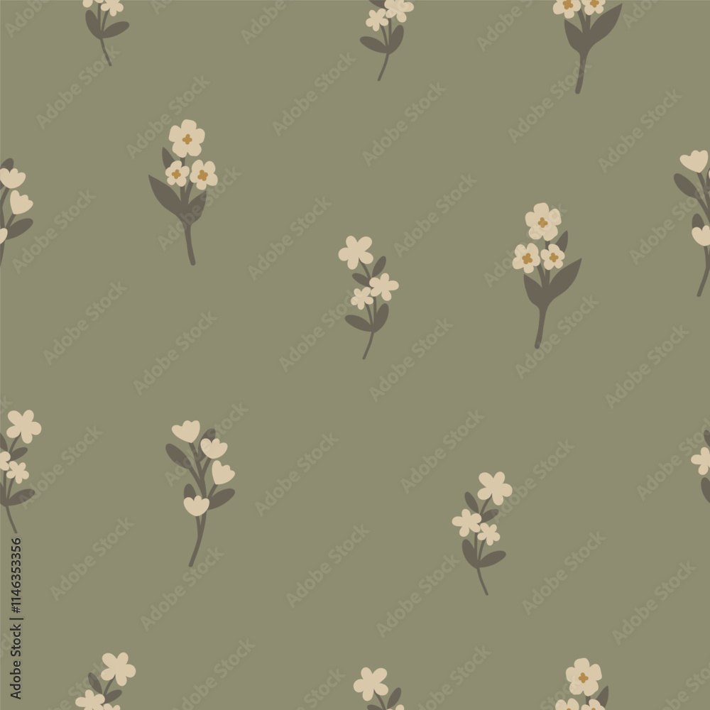 Fototapeta premium White Flowers Seamless Pattern on a Green Background. Botanical Pattern. Hand Drawn Vector Illustration.