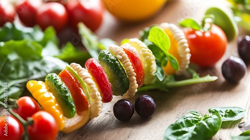 Close-up of a Skewer with Fresh Vegetables and Herbs on a Wooden Table photo