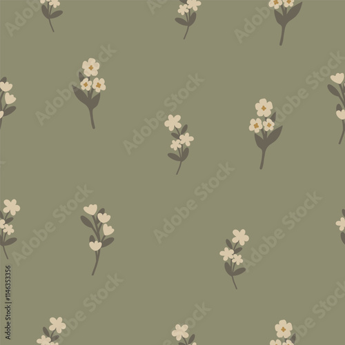 White Flowers Seamless Pattern on a Green Background. Botanical Pattern. Hand Drawn Vector Illustration.