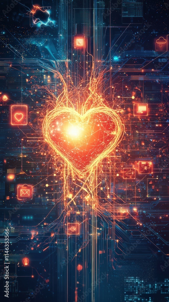 Fototapeta premium Radiant heart a symbol of connectivity and digital flow