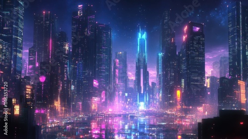 High-tech city skyline at night showcasing vibrant lights and futuristic architecture