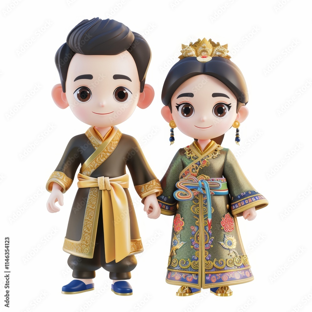 A cartoon couple in traditional Chinese clothing, standing side by side, smiling. A cartoon couple in traditional Chinese clothing, standing side by side, smiling.