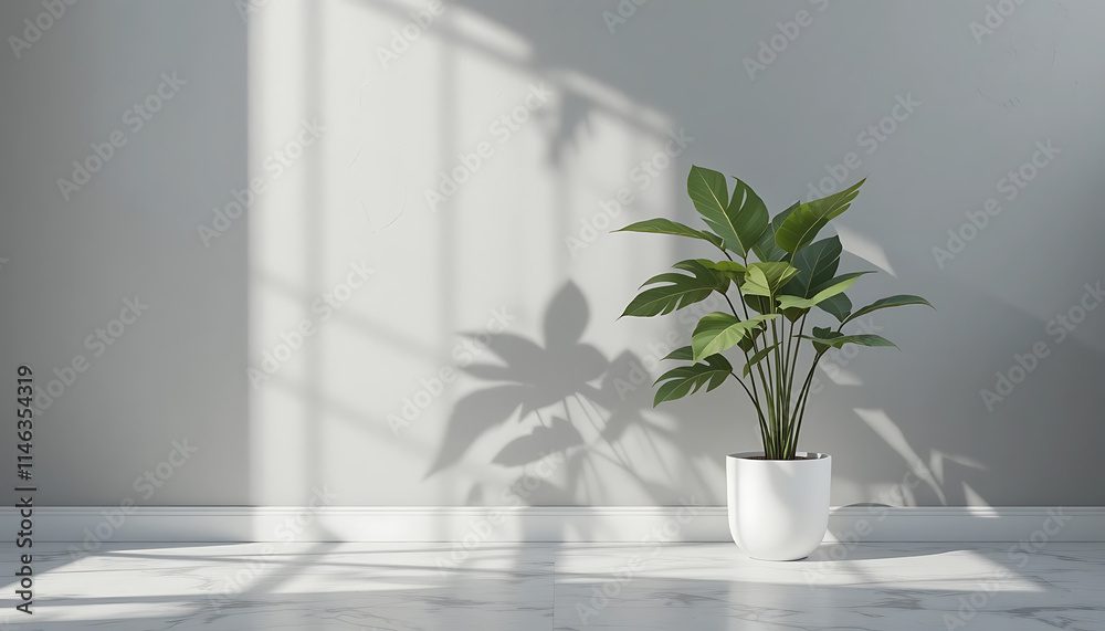 Minimalist gray wall with a single monstera plant in a white pot, casting a soft shadow on the floor for background wall design Minimalist gray wall with a single monstera plant in a white pot, casting a soft shadow on the floor for background wall design