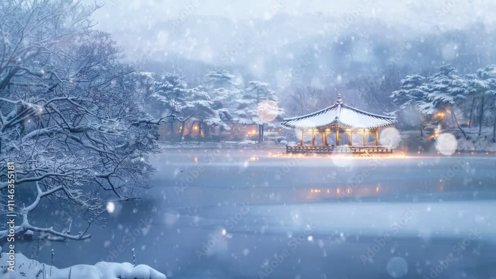 Traditional illuminated pavilion by snowy frozen lake during snowfall. Winter concept Seamless looping 4k time-lapse animation video background Traditional illuminated pavilion by snowy frozen lake during snowfall. Winter concept Seamless looping 4k time-lapse animation video background