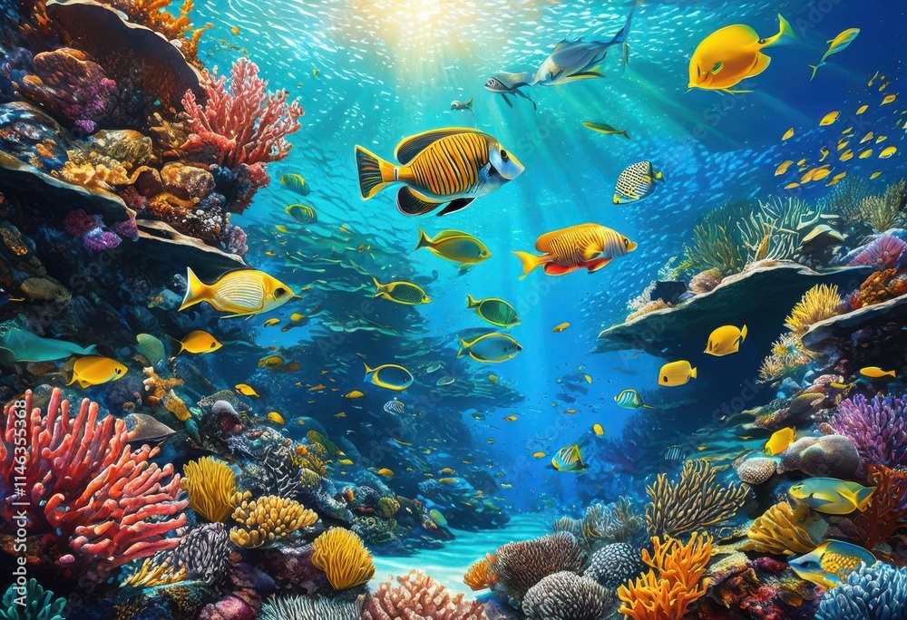 Obraz premium vibrant underwater landscapes featuring colorful coral reefs diverse sea creatures rich detail life, aquatic, marine, fish, ocean, colors, anemone