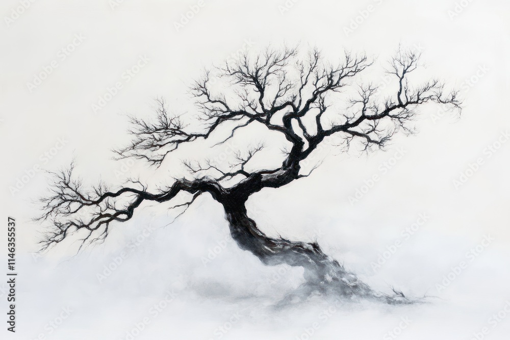 Bare tree in fog, minimalist black and white artwork. Bare tree in fog, minimalist black and white artwork.