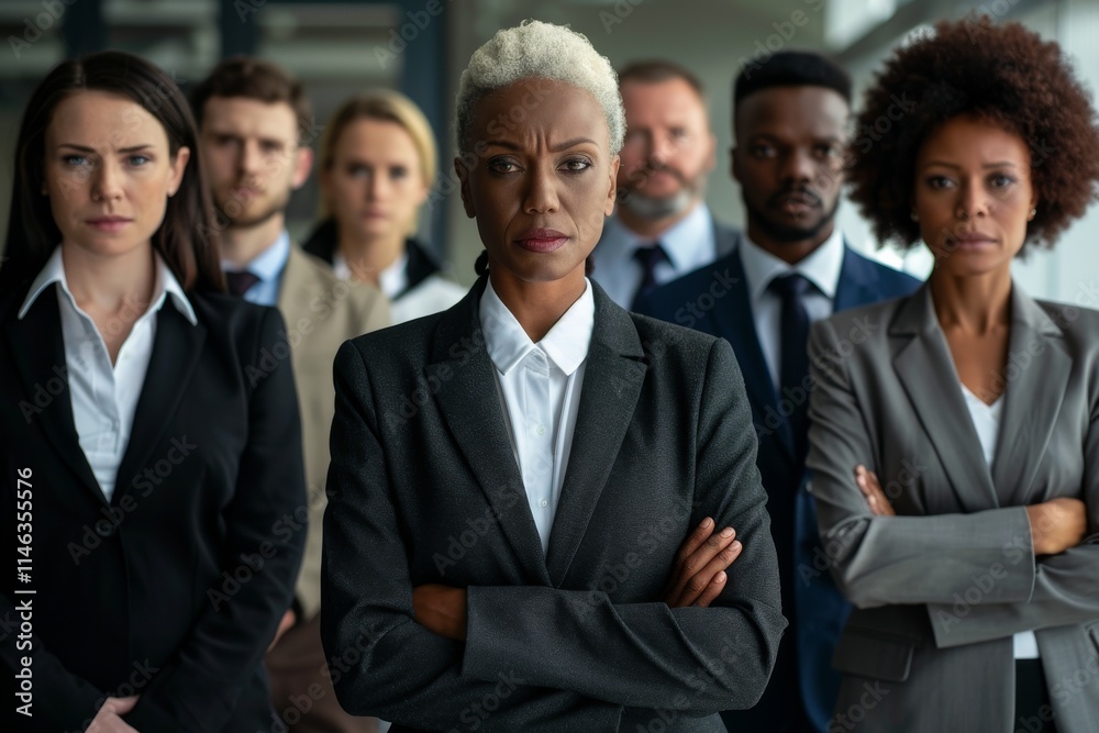 Confident african american businesswoman standing with arms crossed in front of her team Confident african american businesswoman standing with arms crossed in front of her team
