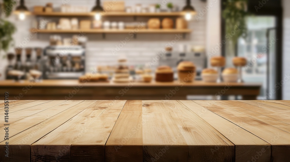 Wooden tabletop in a cozy cafe with blurred background showcasing baked goods and warm lighting Wooden tabletop in a cozy cafe with blurred background showcasing baked goods and warm lighting