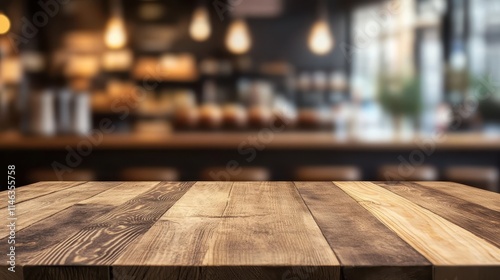 Wooden tabletop in a cozy cafe with blurred background showcasing baked goods and warm lighting