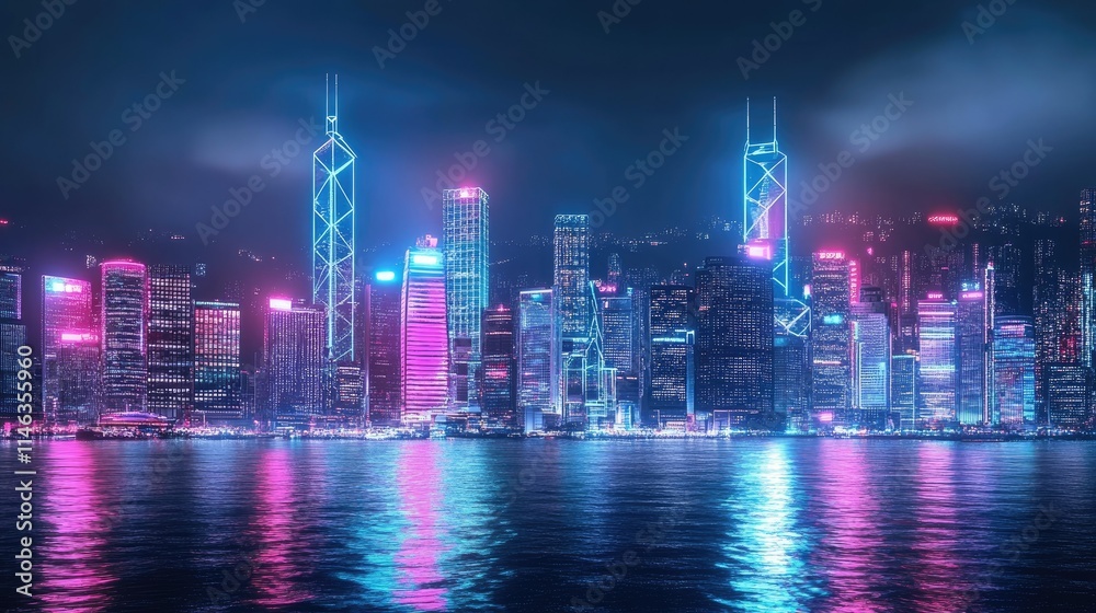Obraz premium Vibrant Nighttime Cityscape of Hong Kong with Neon Lights Reflecting on Water, Capturing Urban Life and Modern Architecture in Twilight Glow
