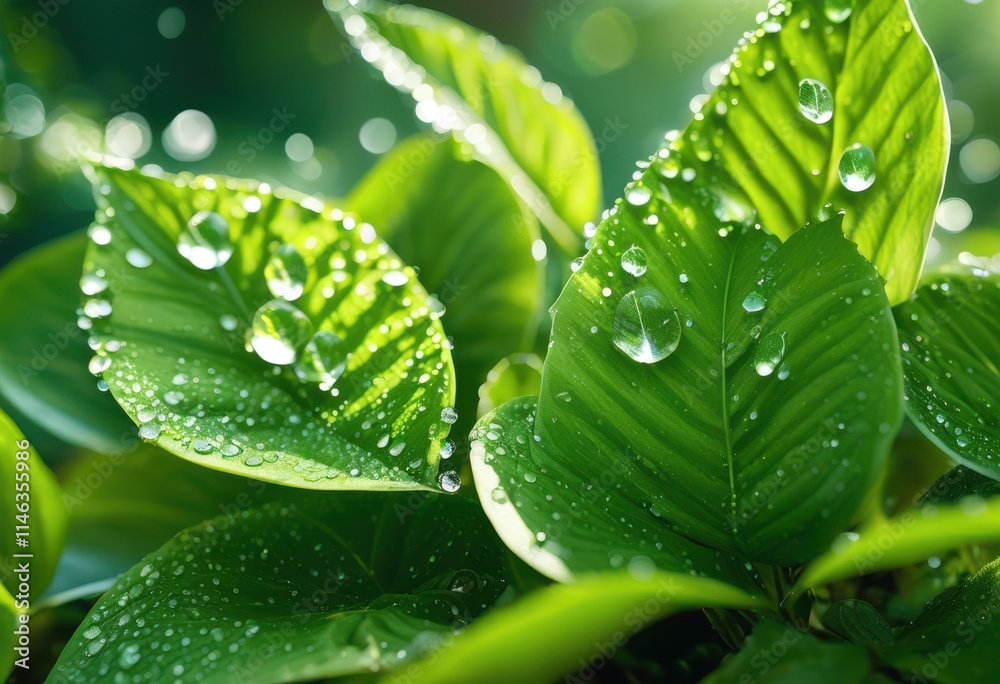 Obraz premium lively seedlings fresh dew drops lush green leaves glimmering under bright light, leaf, nature, plant, growth, garden, sunlight, freshness, water, sprout