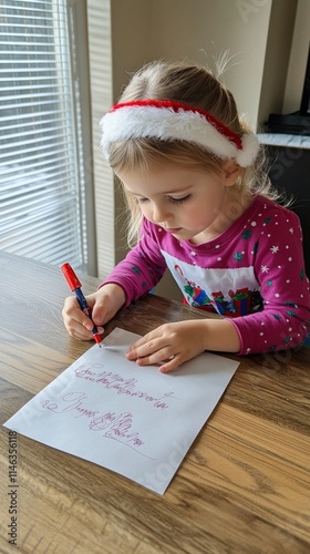 Young child wearing festive Santa hat and holiday attire carefully writes letter to Santa Claus at wooden table near window, capturing pure Christmas magic and childhood wonder photo