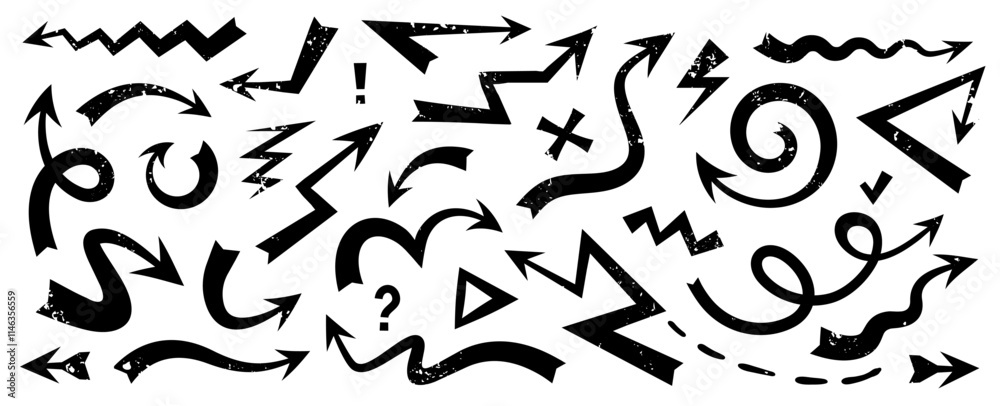 Vector cartoon illustration of set of simple different line brush arrow on white background. Flat doodle hand drawn style design of collection of black textured various marker abstract shape arrow Vector cartoon illustration of set of simple different line brush arrow on white background. Flat doodle hand drawn style design of collection of black textured various marker abstract shape arrow