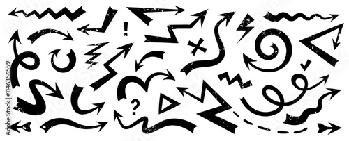 Vector cartoon illustration of set of simple different line brush arrow on white background. Flat doodle hand drawn style design of collection of black textured various marker abstract shape arrow