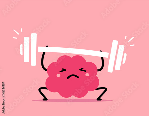 Vector cartoon illustration of strong brain character exercise with difficult weight on pink color background. Flat doodle style design of healthy brain train to lift barbell for fitness banner