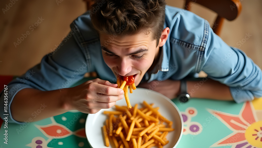 Young man enjoys eating French fries with tomato sauce on a colorful table in the top view._00003_ Young man enjoys eating French fries with tomato sauce on a colorful table in the top view._00003_