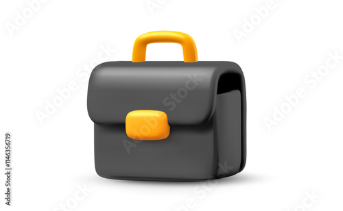 Vector illustration of black office work briefcase on white color background. 3d cartoon style design of male work bag for portfolio and document with lock. Business brief case icon