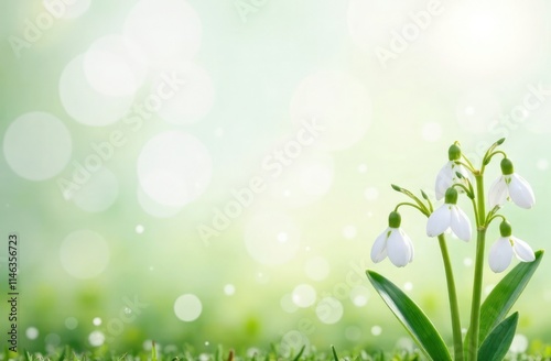 Delicate white snowdrops with green stems on a soft blurred background. The first spring flower, the arrival of spring, renewal and purity. Banner with copy space