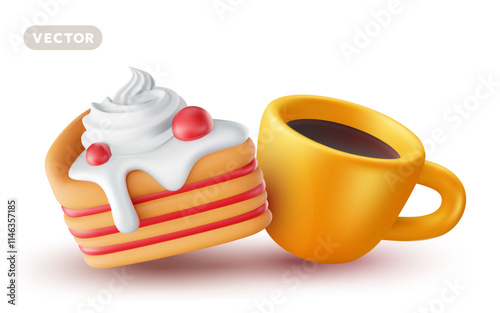 Vector illustration of realistic coffee cup and piece of cake with cream and cherry on white background. 3d cartoon style design of sweet cake with whipped cream and cup of coffee