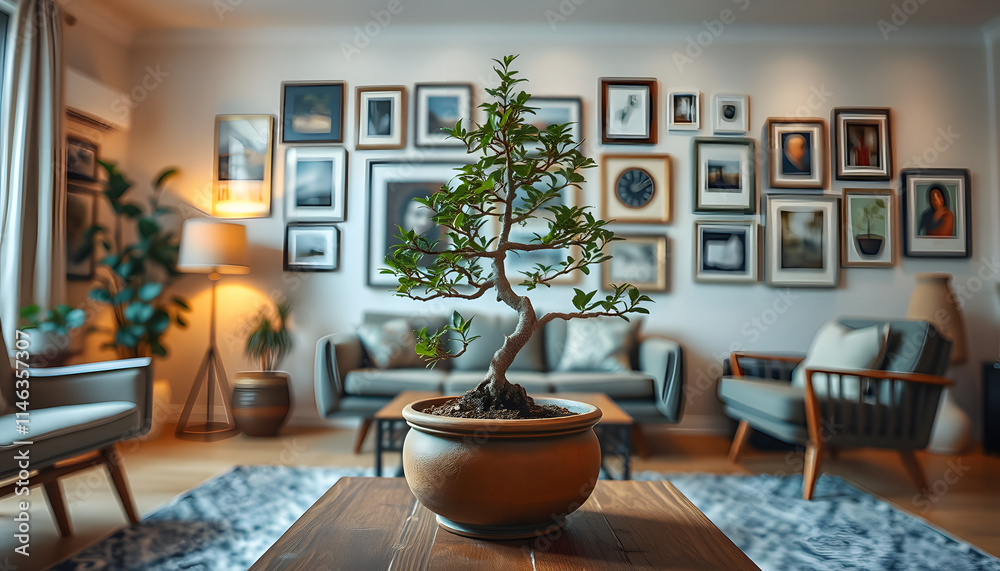 Fototapeta premium Aesthetic Living Room with Bonsai Tree in Terracotta Pot