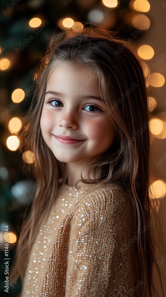 A charming portrait of a young child wearing a sparkly beige sweater, captured against a warm Christmas bokeh background with glowing golden lights creating magical atmosphere. A charming portrait of a young child wearing a sparkly beige sweater, captured against a warm Christmas bokeh background with glowing golden lights creating magical atmosphere.