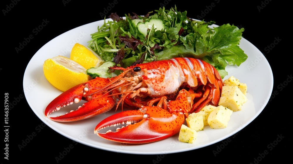 A plate featuring a lobster, salad, lemon, and cheese cubes, showcasing a seafood dish. A plate featuring a lobster, salad, lemon, and cheese cubes, showcasing a seafood dish.