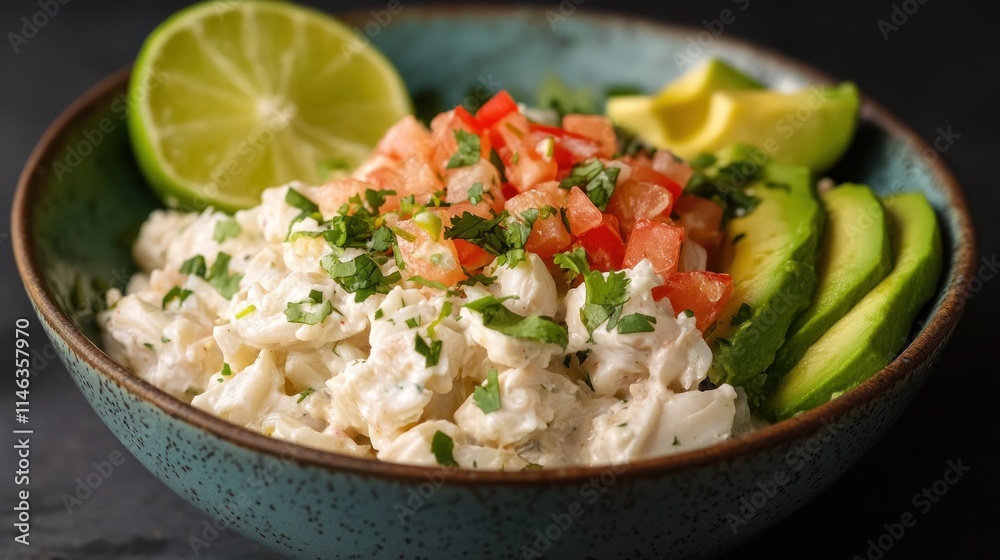 Creamy seafood salad bowl with avocado, tomato, and lime. Creamy seafood salad bowl with avocado, tomato, and lime.
