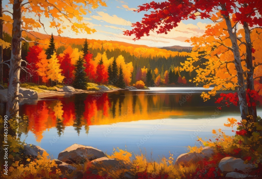 Obraz premium vibrant seasonal foliage showcasing rich colors across calm picturesque landscape, autumn, colorful, leaves, trees, scenic, greenery, tranquil, meadow, view