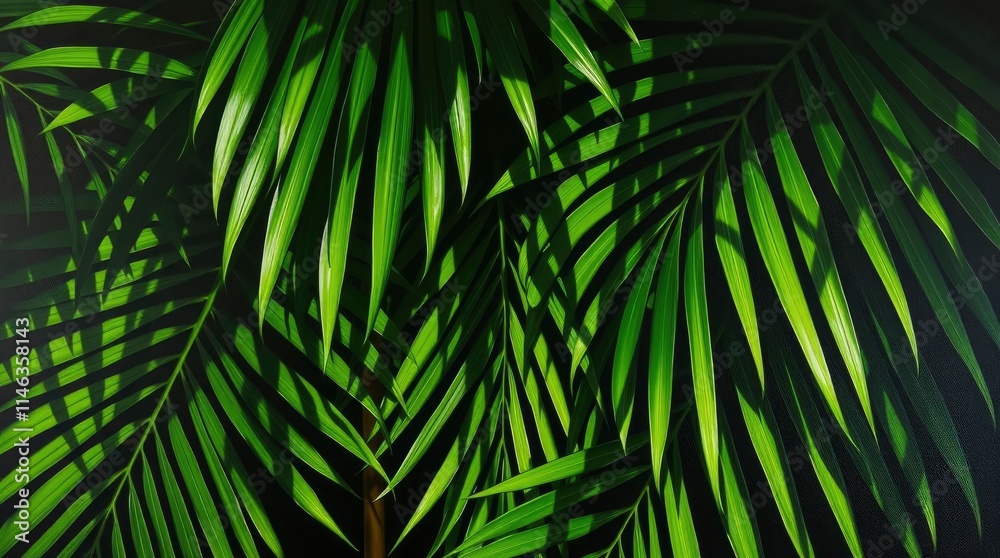 Fototapeta premium A classic oil painting of a set of tropical green palm leaves, rendered with intense dramatic lighting and high contrast to create tension. Rich textures and visible brushstrokes are key