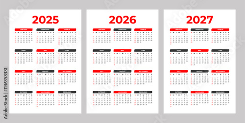 Set of 2025 2026 2027 Basic Calendar in White Background