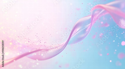 3D double helix DNA, light blue and pink color gradient background, pink particles flying around