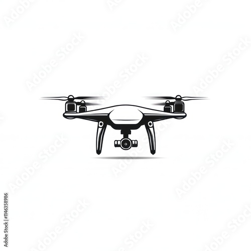 Black and white illustration of a quadcopter drone in flight, equipped with a camera. photo