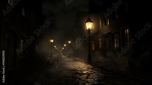 Streetlights casting soft glows on an empty cobblestone street under a dark midnight sky