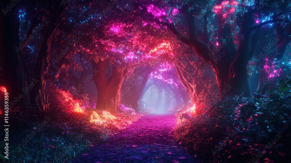 Fototapeta premium Enchanted Forest Pathway with Luminous Colors and Dreamlike Atmosphere Surrounded by Trees and Vibrant Foliage in a Mystical Setting