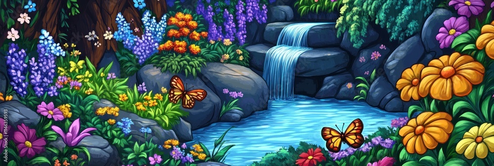Fototapeta premium Enchanting waterfall cascading through vibrant wildflowers and butterflies in a lush forest.