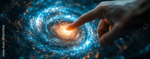 a finger reaching out to the center of a luminous spiral galaxylike interface, representing the initiation of interstellar communication, cosmic connections photo