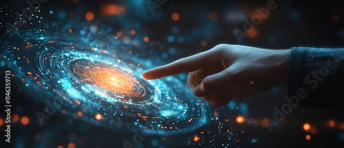 a finger reaching towards the center of a luminous, galaxyinspired interface, representing cosmicscale data and interstellar networks, vibrant, futuristic design photo