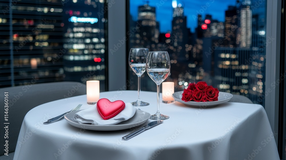 A table set for a romantic dinner with candles, heart-shaped dishes, and flowers, providing a clear area for text overlay - Stock. A table set for a romantic dinner with candles, heart-shaped dishes, and flowers, providing a clear area for text overlay - Stock.