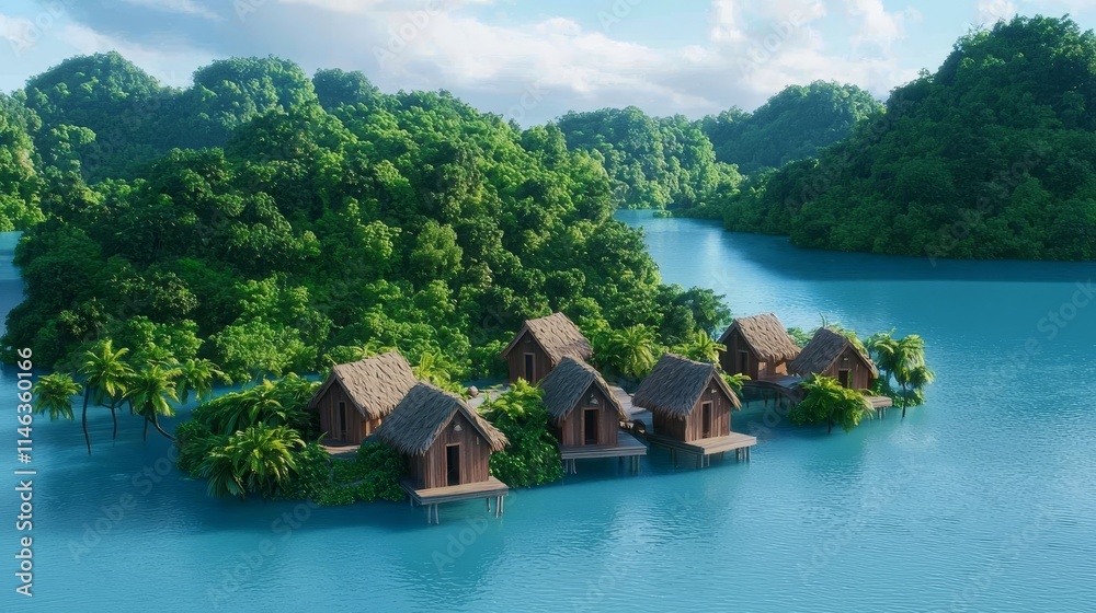Elegant water villas linked by a wooden path in a lush tropical paradise. Elegant water villas linked by a wooden path in a lush tropical paradise.