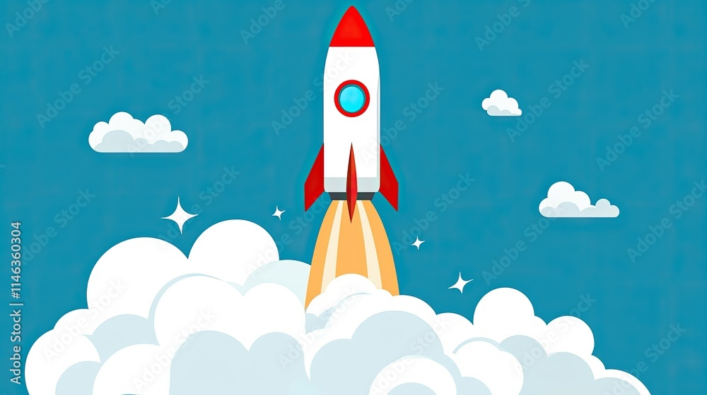 Fototapeta premium Colorful Rocket Launching Into the Sky with Clouds and Stars, Symbolizing Adventure, Exploration, and Innovation in a Bright and Playful Style
