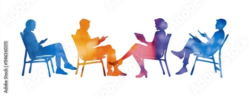 Anime-style watercolor artwork showing a group therapy session with mental health themes, offered as a stock image. photo