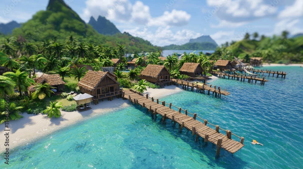 Obraz premium Lavish bungalows perched over water, joined by a wooden bridge in a tropical oasis.