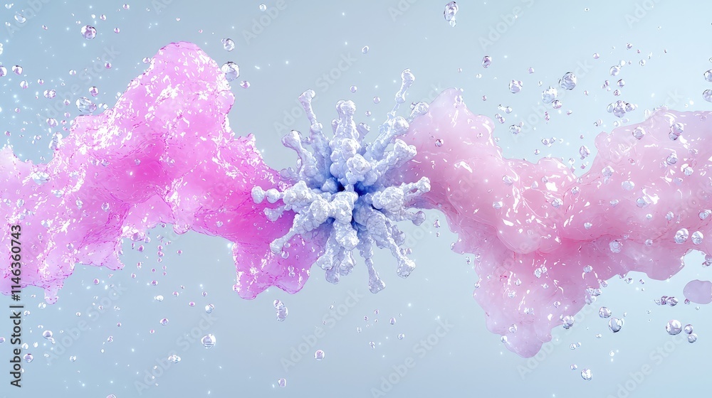 Fototapeta premium Abstract virus attack, pink fluid colliding with a virus.